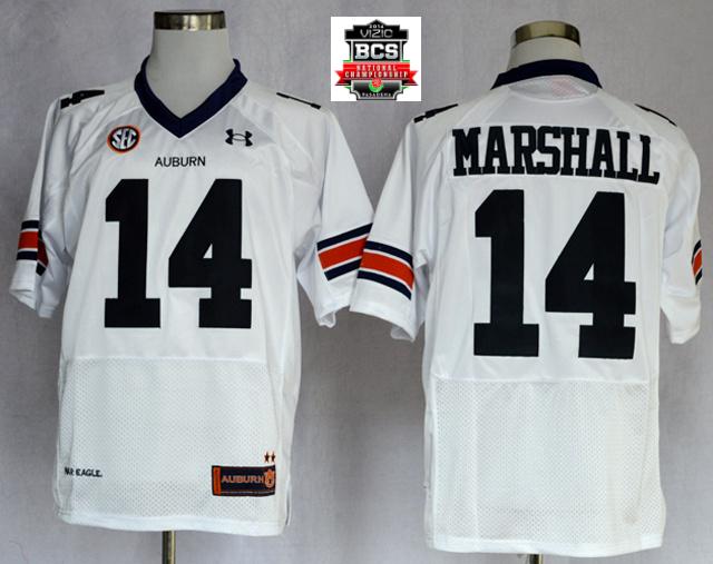 Auburn Tigers Nick Marshall 14 NCAA Football Authentic White Jerseys With 2014 BCS Patch