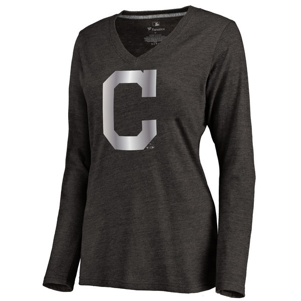 Cleveland Indians Women's Platinum Collection Long Sleeve V Neck Tri Blend T Shirt Black