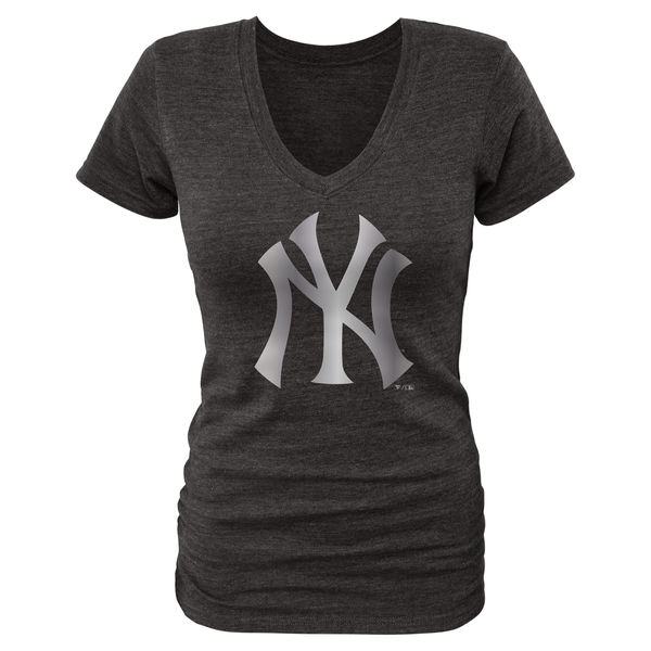 New York Yankees Women's Platinum Collection Long Sleeve V Neck Tri Blend T Shirt Black