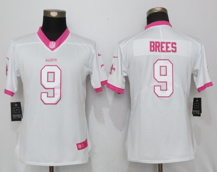 Nike Saints 9 Drew Brees White Pink Women Game Jersey