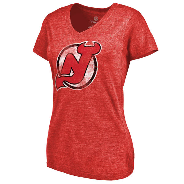New Jersey Devils Women's Distressed Team Primary Logo V Neck Tri Blend T-Shirt Red