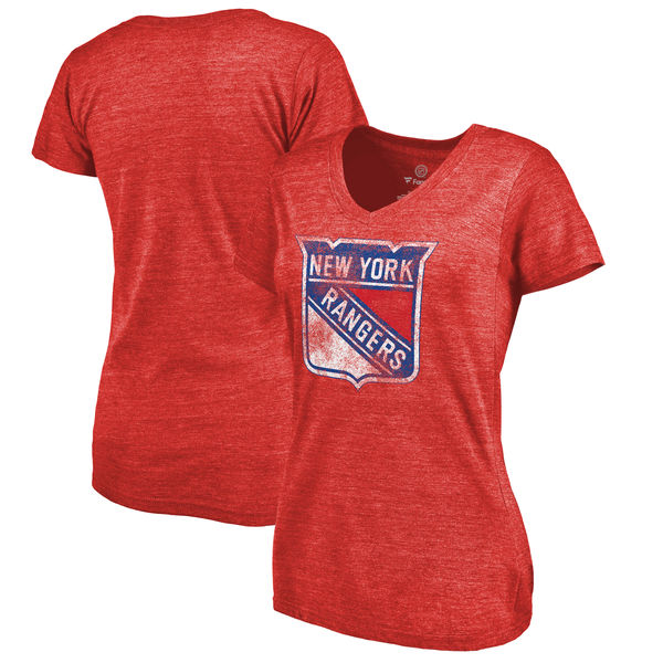 New York Rangers Women's Distressed Team Primary Logo V Neck Tri Blend T-Shirt Red