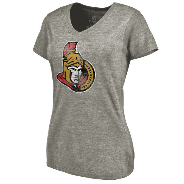 Ottawa Senators Women's Distressed Team Logo Tri Blend V Neck T-Shirt Ash