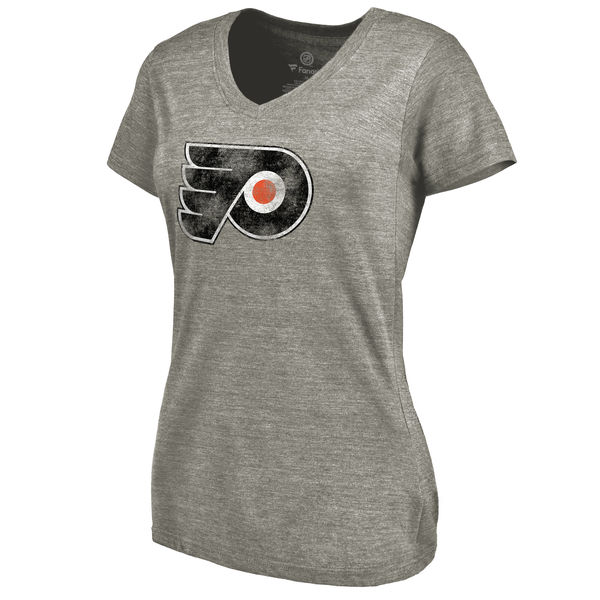 Philadelphia Flyers Women's Distressed Team Logo Tri Blend V Neck T-Shirt Ash