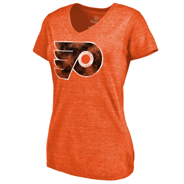 Philadelphia Flyers Women's Distressed Team Primary Logo V Neck Tri Blend T-Shirt Orange