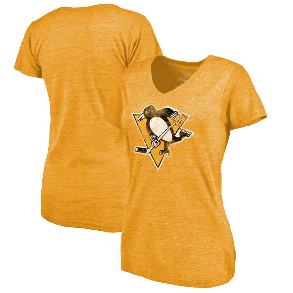 Pittsburgh Penguins Women's Distressed Team Primary Logo V Neck Tri Blend T-Shirt Gold