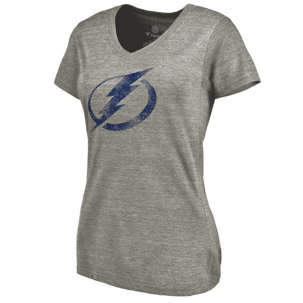 Tampa Bay Lightning Women's Distressed Team Logo Tri Blend V Neck T-Shirt Ash