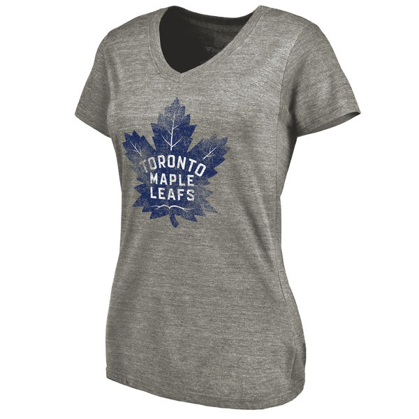 Toronto Maple Leafs Women's Distressed Team Logo Tri Blend V Neck T-Shirt Ash