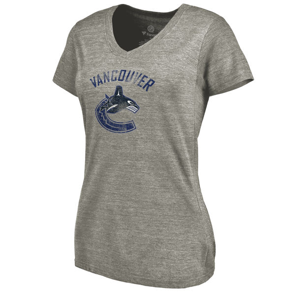 Vancouver Canucks Women's Distressed Team Logo Tri Blend V Neck T-Shirt Ash