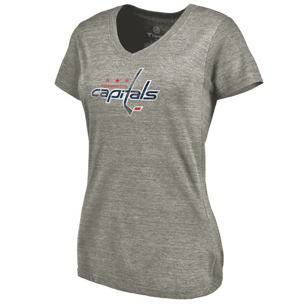 Washington Capitals Women's Distressed Team Logo Tri Blend V Neck T-Shirt Ash