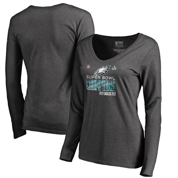 Women's Philadelphia Eagles NFL Pro Line by Fanatics Branded Heather Charcoal Super Bowl LII Champions Long Sleeve V Neck T Shirt