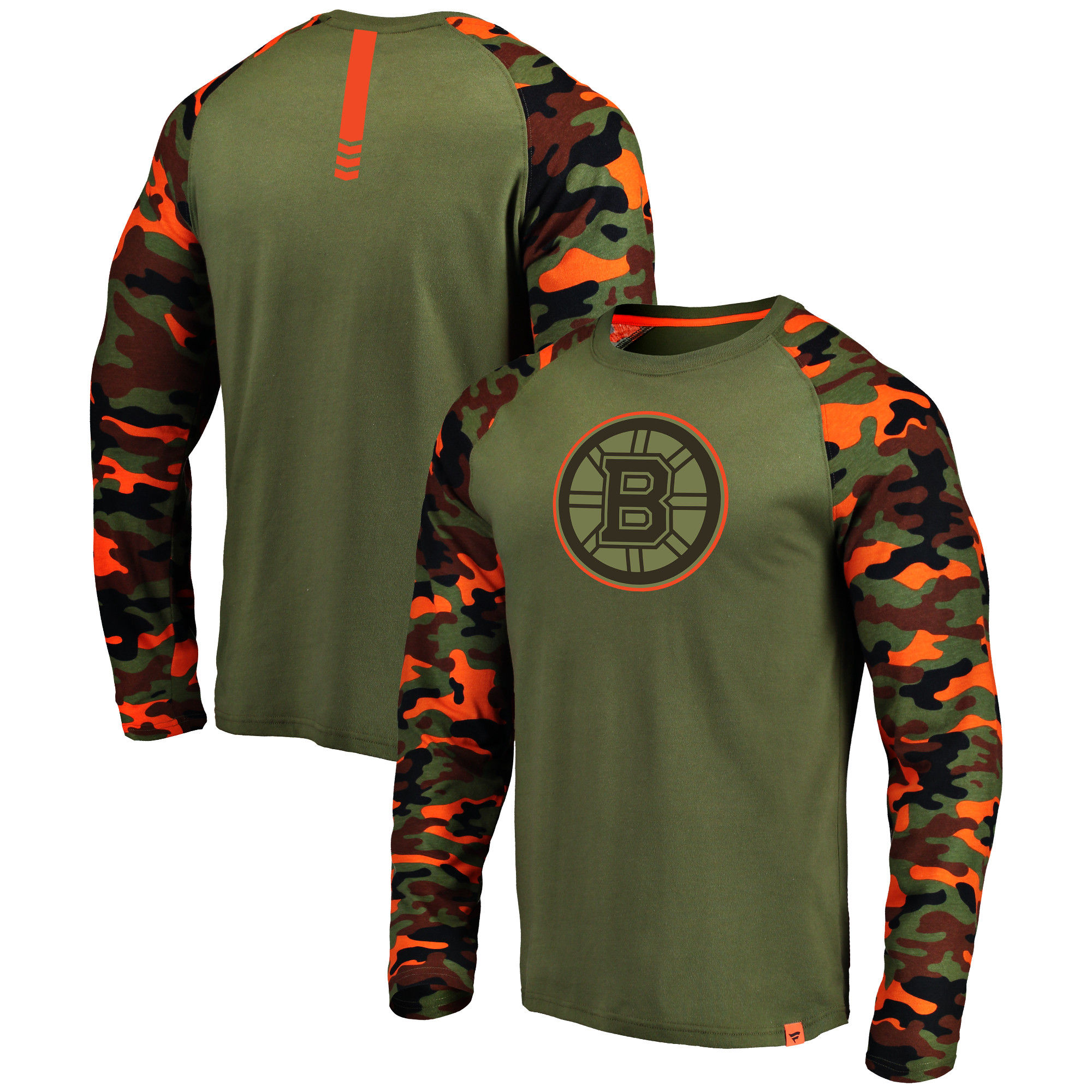 Boston Bruins Fanatics Branded Olive/Camo Recon Long Sleeve Raglan T-Shirt