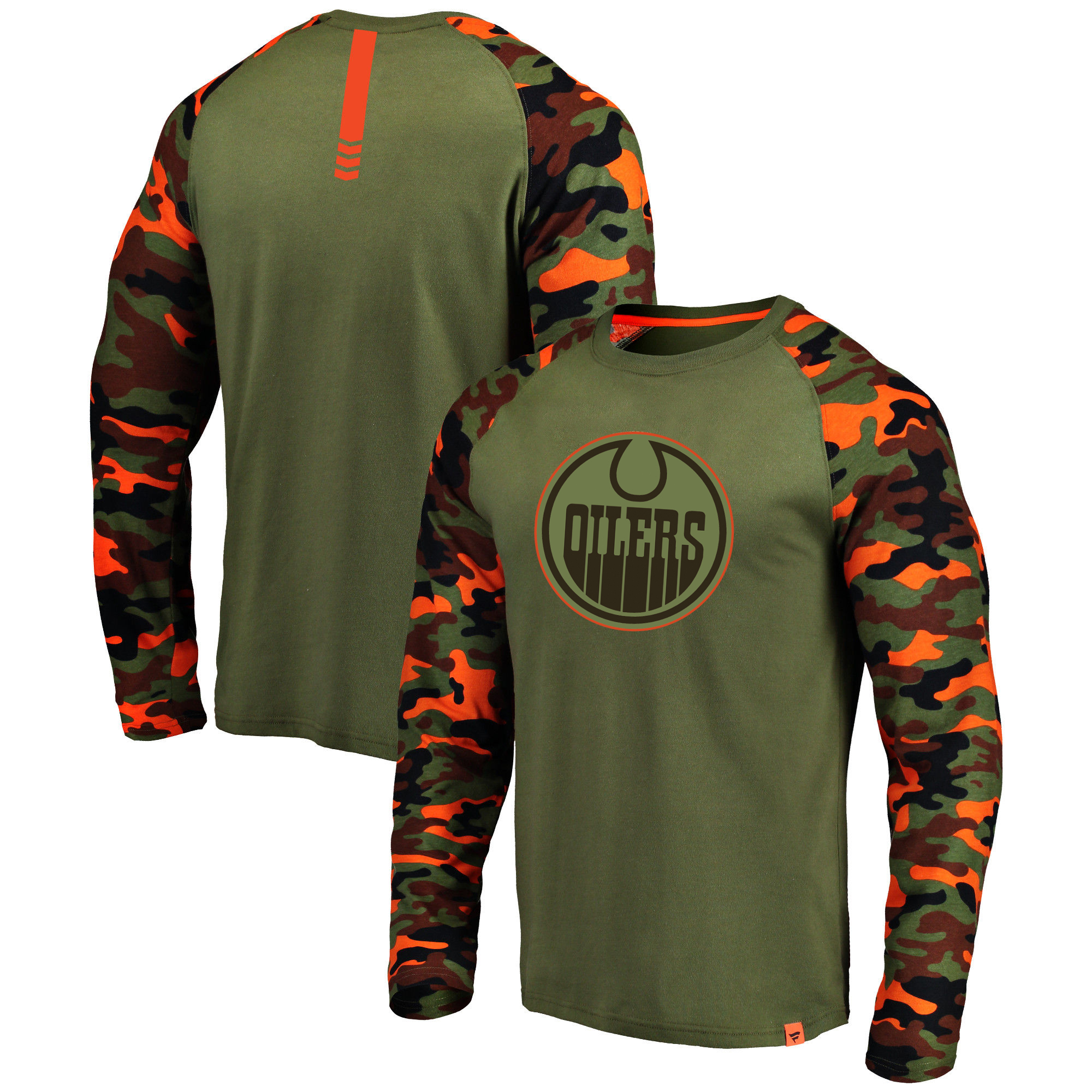 Edmonton Oilers Fanatics Branded Olive/Camo Recon Long Sleeve Raglan T-Shirt