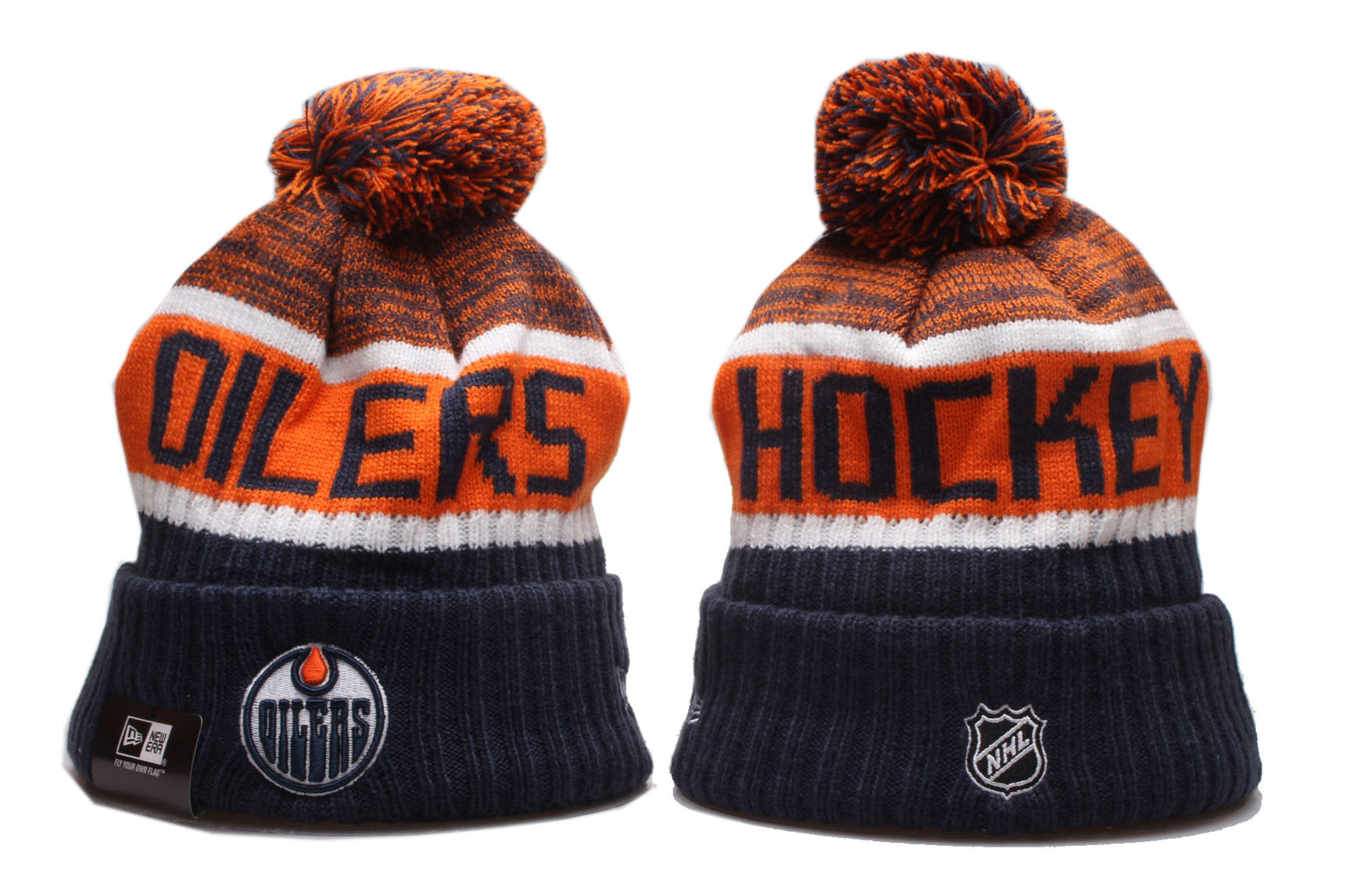 Oilers Team Logo Navy Orange Pom Knit Hat YP