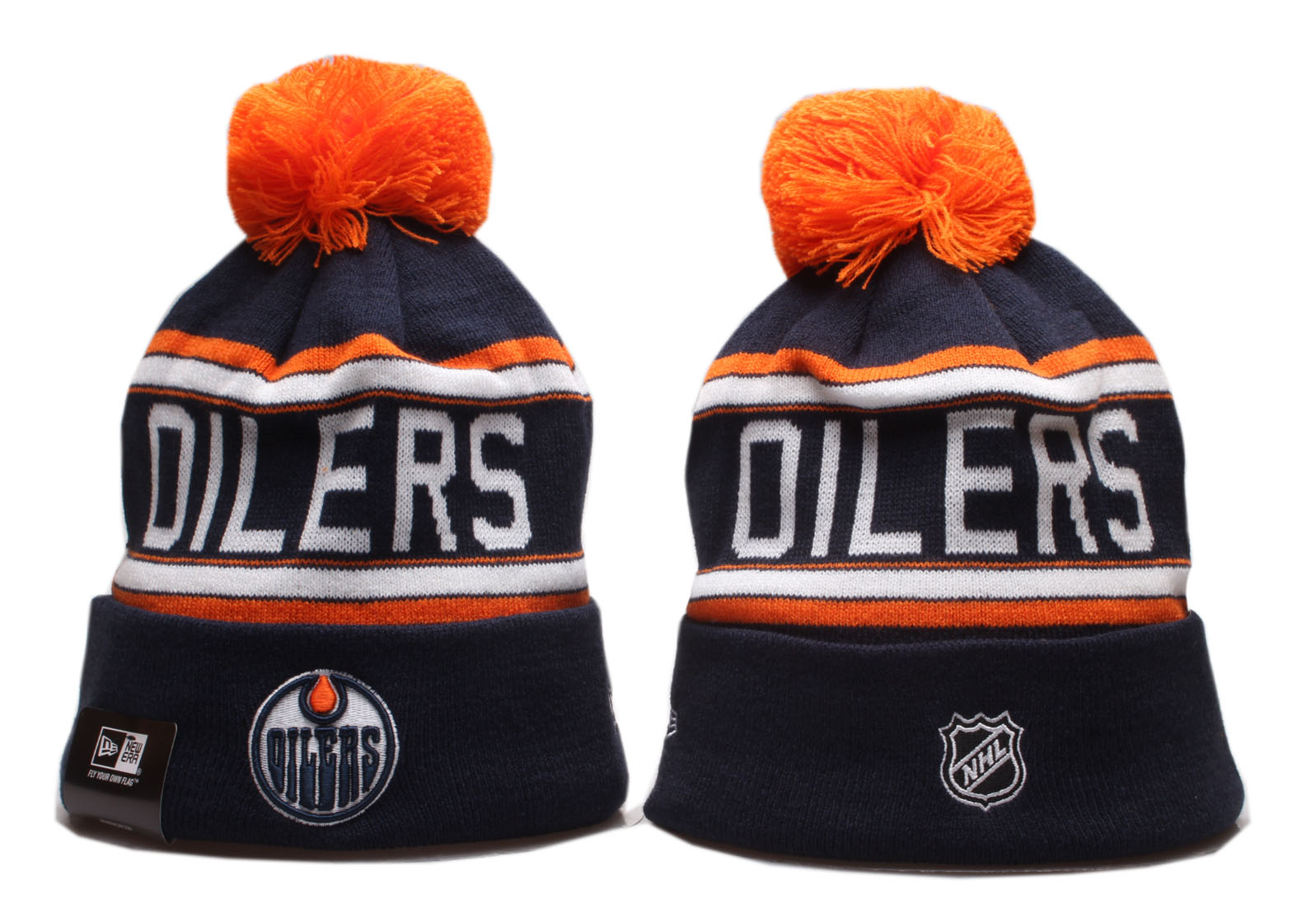 Oilers Team Logo Navy Pom Knit Hat YP