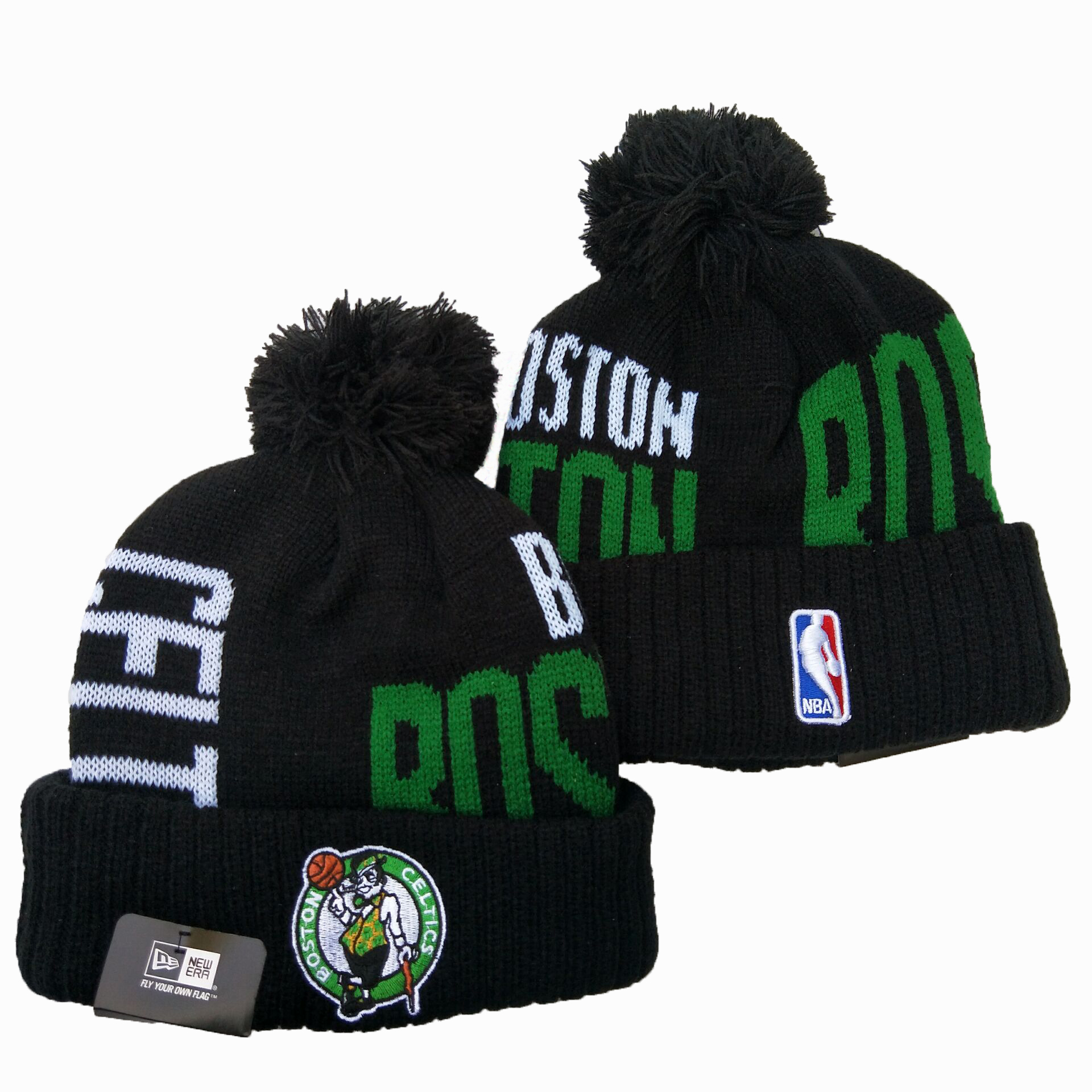 Celtics Team Logo Black Wordmark Cuffed Pom Knit Hat YD
