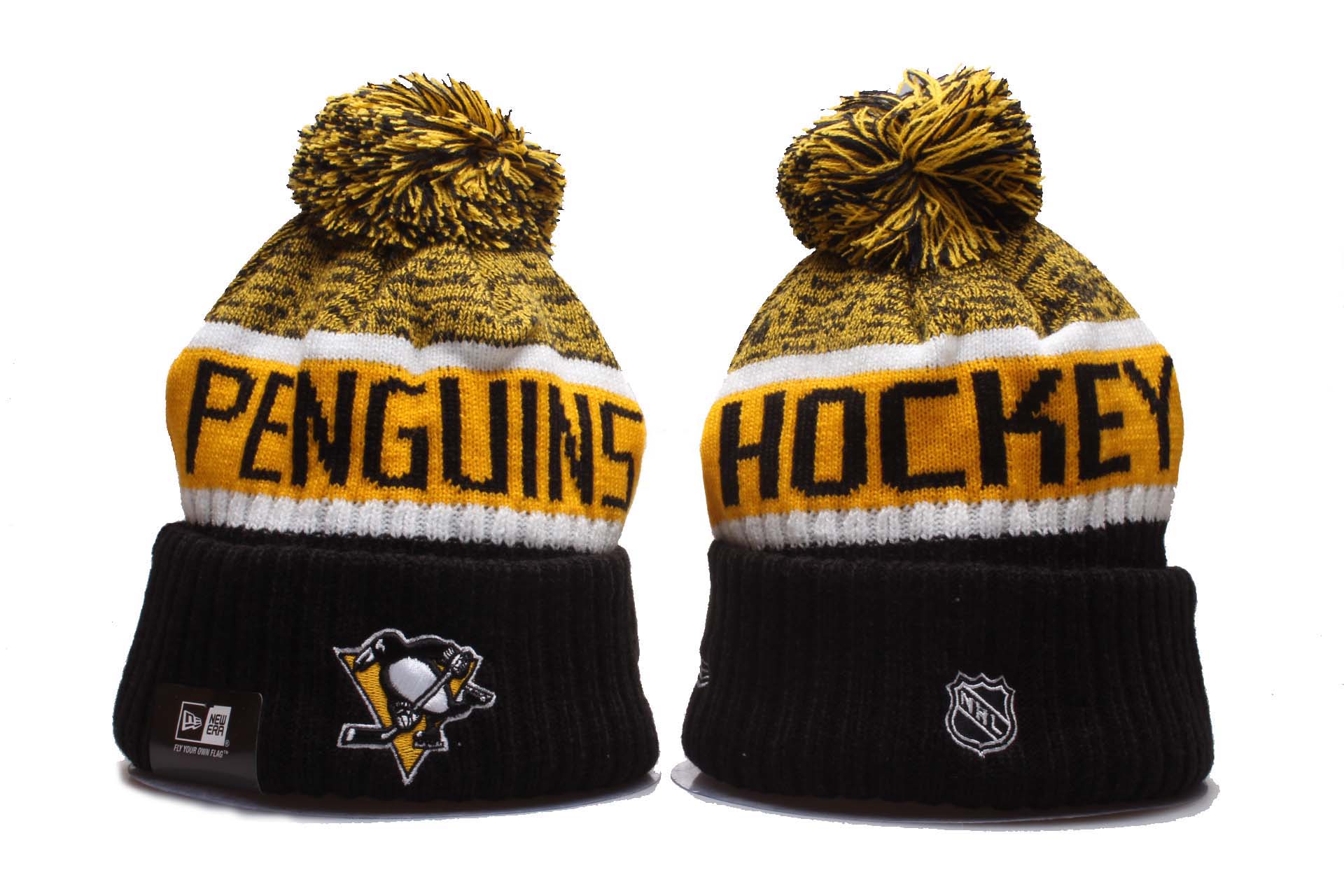 Penguins Team Logo Yellow Black Pom Knit Hat YP