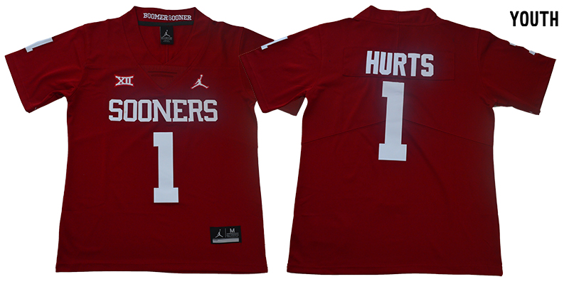 Oklahoma Sooners 1 Jalen Hurts White Youth College Football Jersey