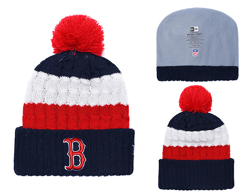 Red Sox Team Logo Navy Red White With Pom Knit Hat YD