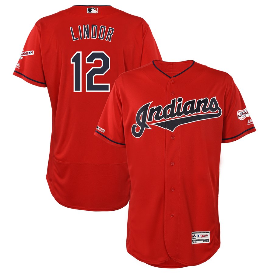 Indians 12 Francisco Lindor Red 150th Patch Flexbase Jersey