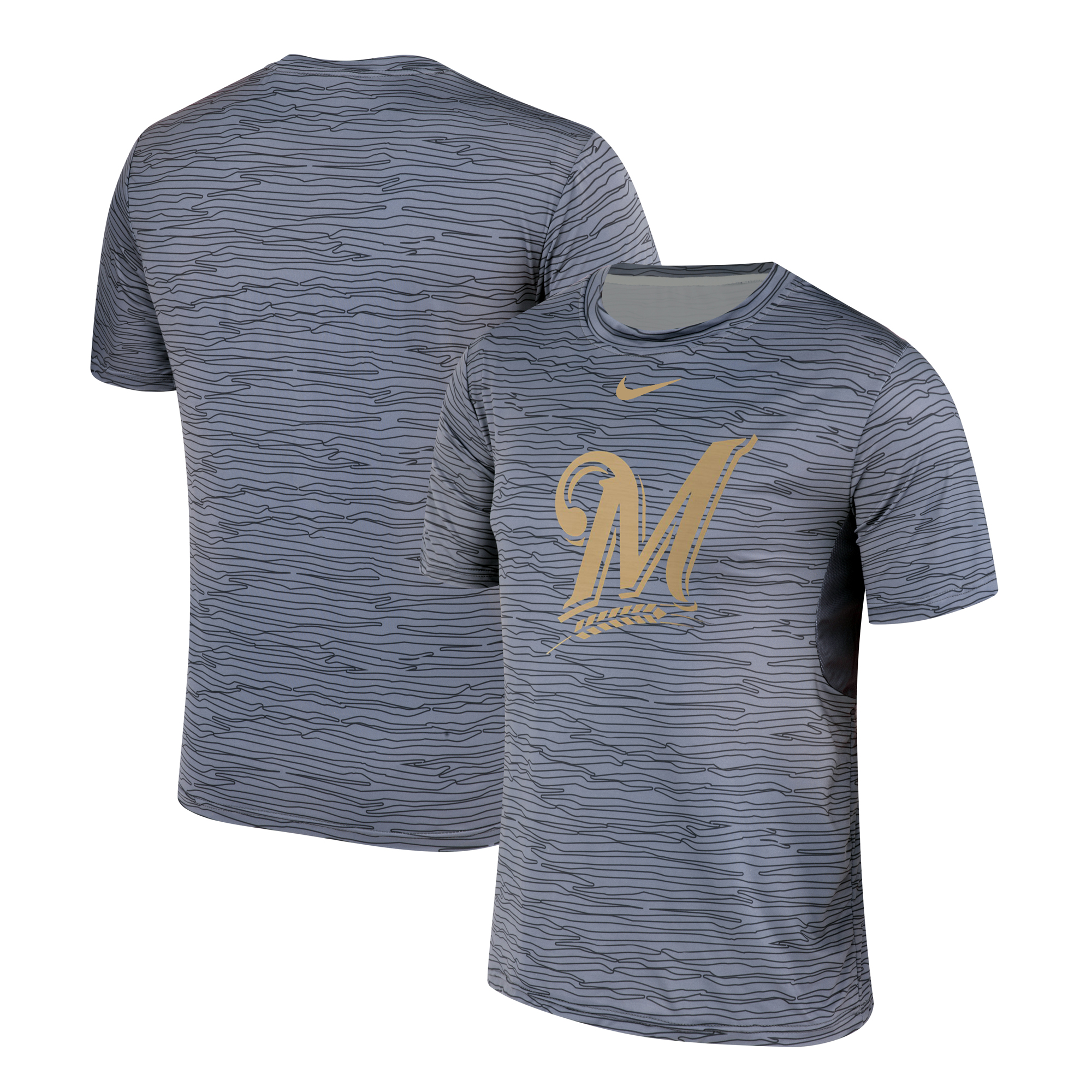 Nike Milwaukee Brewers Gray Black Striped Logo Performance T-Shirt