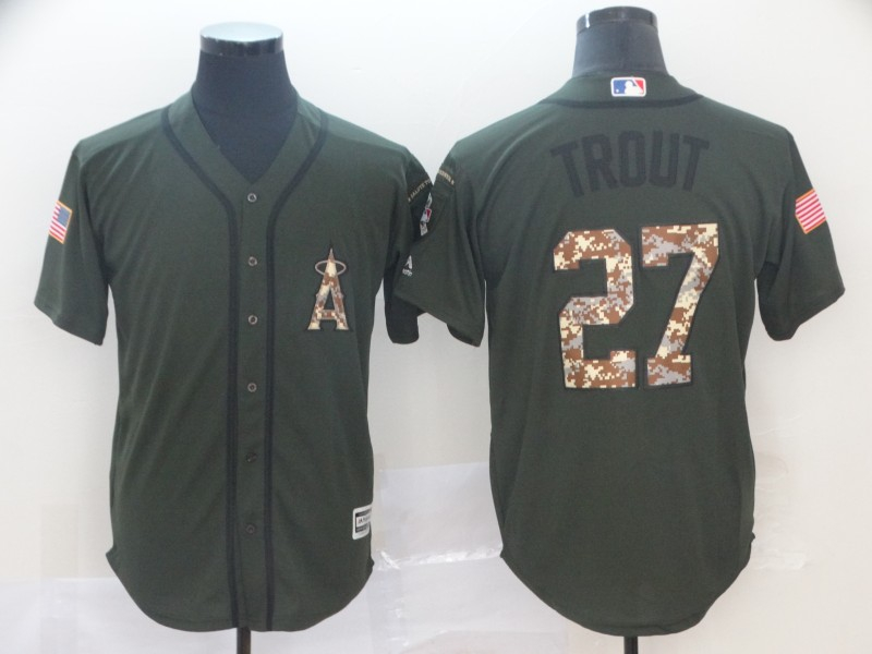 Angels 27 Mike Trout Olive Camo Salute To Service Cool Base Jersey