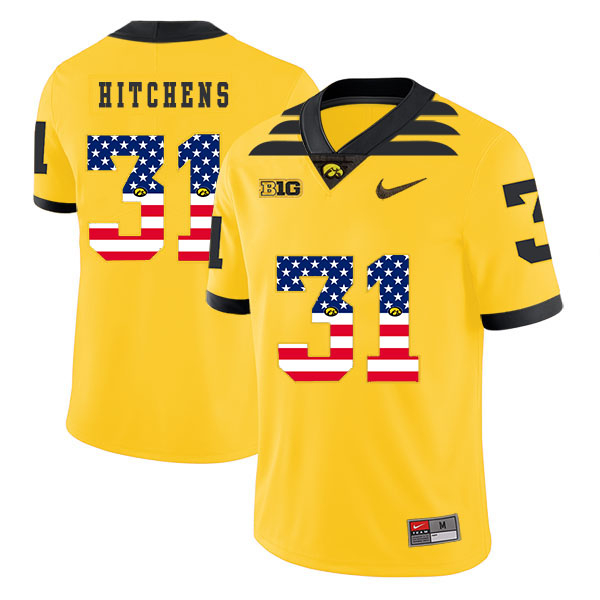 Iowa Hawkeyes 31 Anthony Hitchens Yellow USA Flag College Football Jersey