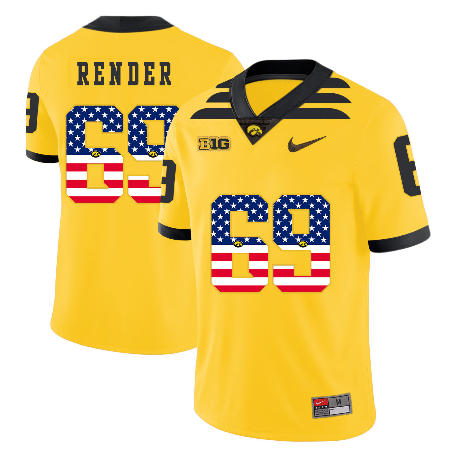 Iowa Hawkeyes 69 Keegan Render Yellow USA Flag College Football Jersey