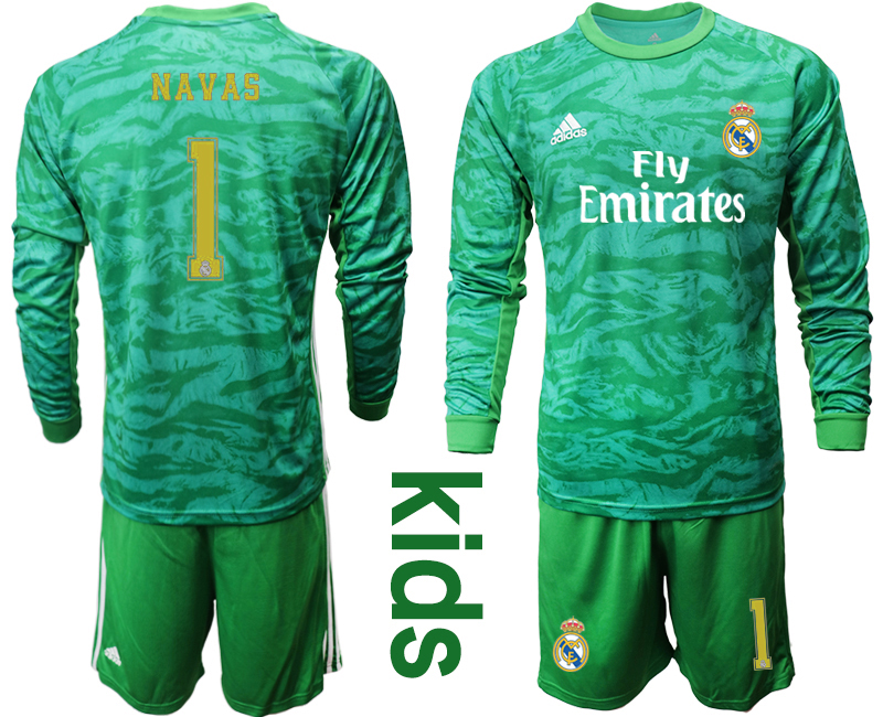 2019-20 Real Madrid 1 NAVAS Green Long Sleeve Youth Goalkeeper Soccer Jersey