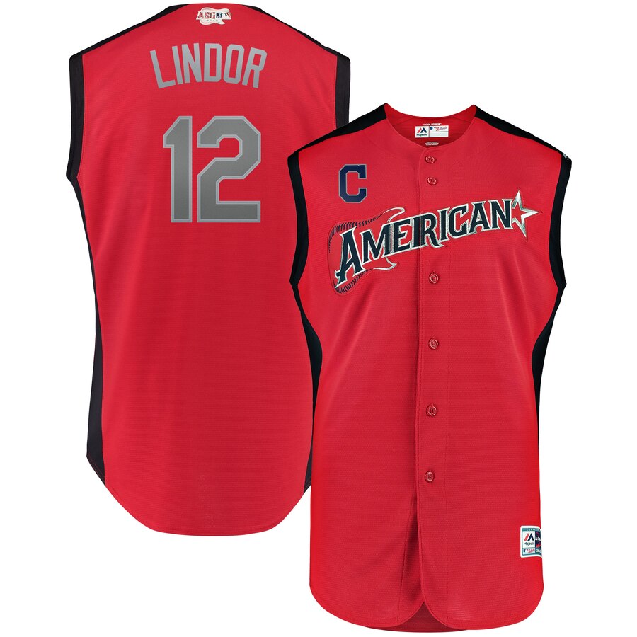 American League 12 Francisco Lindor Red Youth 2019 MLB All-Star Game Workout Player Jersey