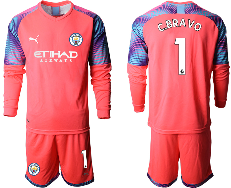 2019-20 Manchester City 1 C.BRAVO Pink Goalkeeper Long Sleeve Soccer Jersey
