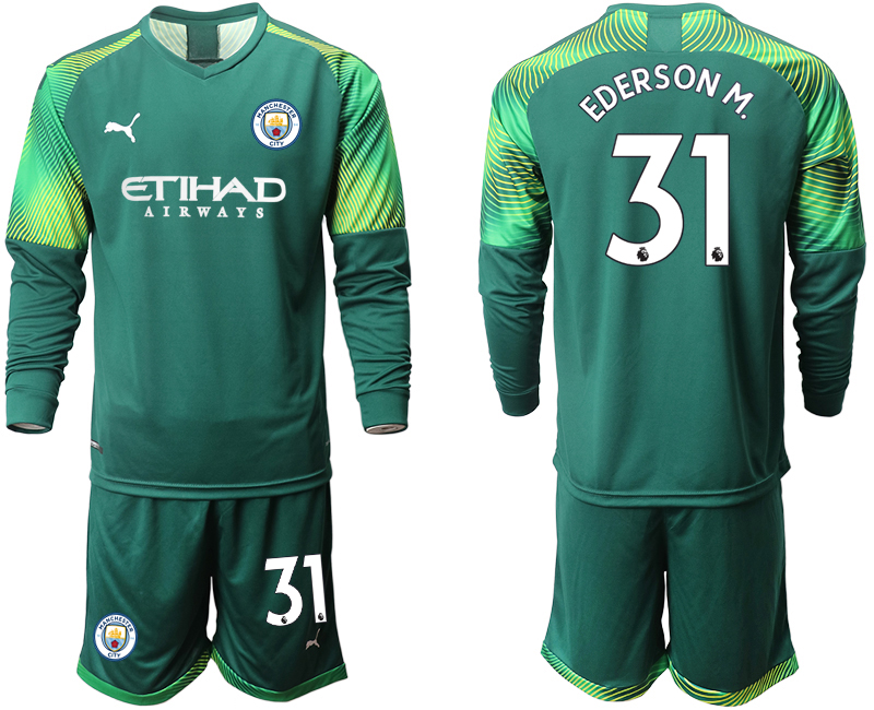2019-20 Manchester City 31 EDERSON M. Dark Green Goalkeeper Long Sleeve Soccer Jersey