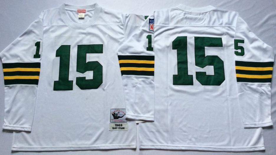 Packers 15 Bart Starr White Long Sleeve M&N Throwback Jersey