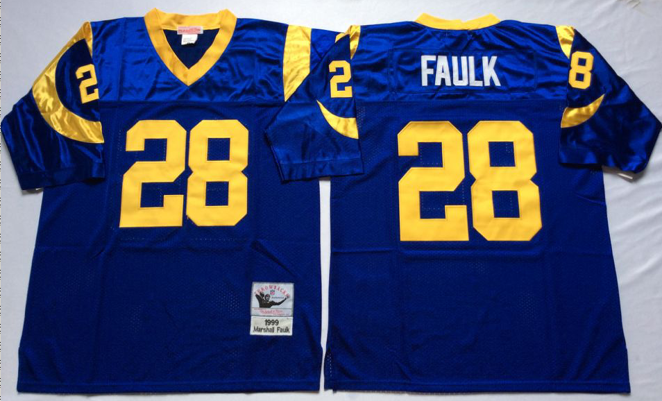 Rams 28 Marshall Faulk Blue M&N Throwback Jersey