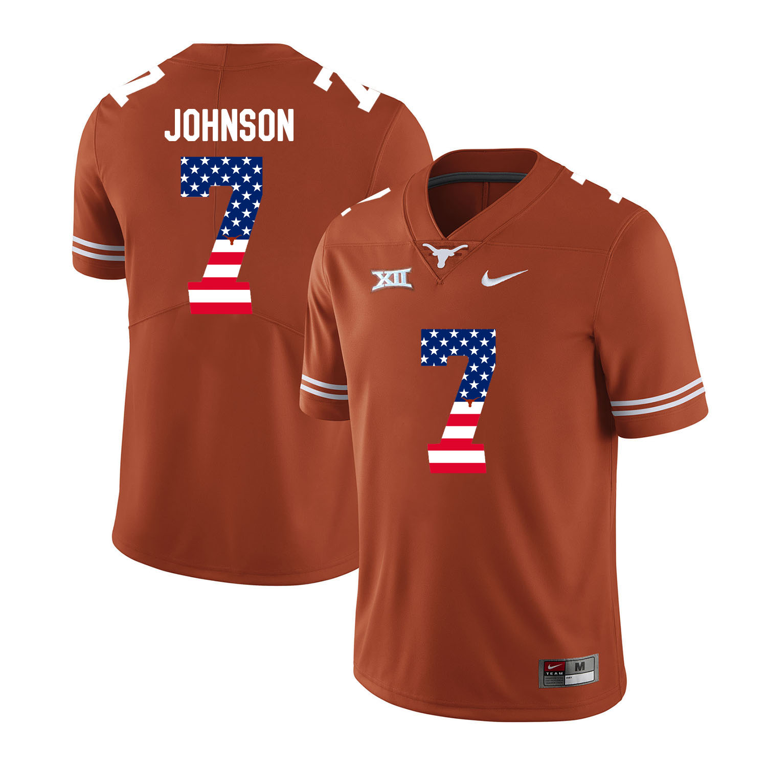 Texas Longhorns 7 Marcus Johnson Orange USA Flag Nike College Football Jersey