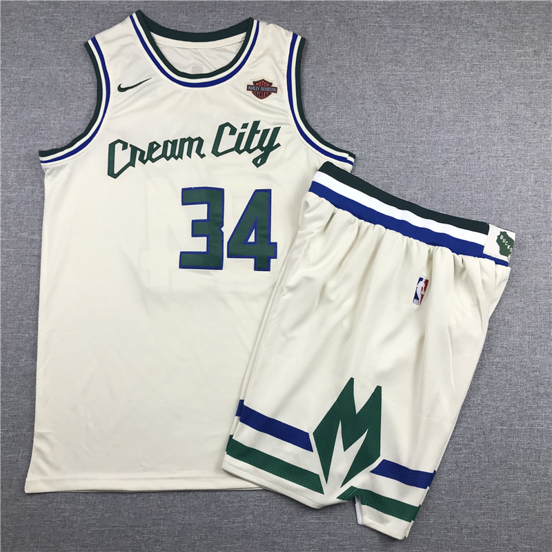 Bucks 34 Giannis Antetokounmpo Cream 2019-20 City Edition Nike Swingman Jersey(With Shorts)