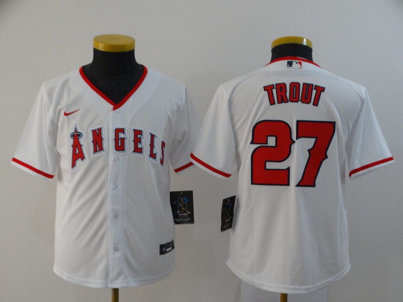 Angels 27 Mike Trout White Youth 2020 Nike Cool Base Jersey