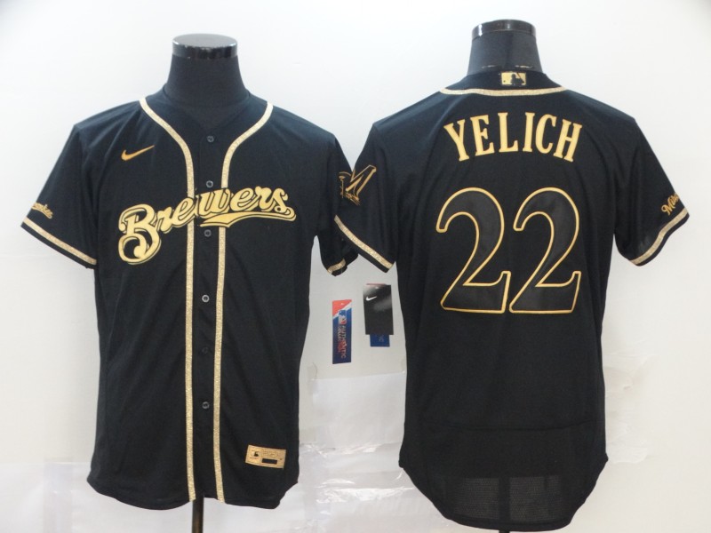 Brewers 22 Christian Yelich Black Gold Nike 2020 Flexbase Jersey