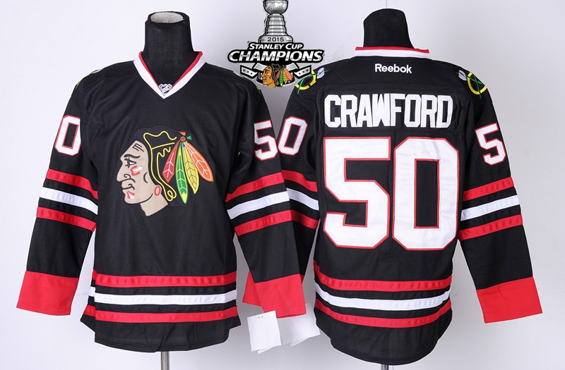 Blackhawks 50 Crawford Black 2015 Stanley Cup Champions Jersey