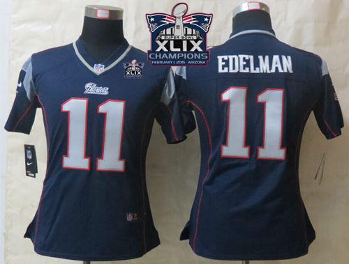 Nike Patriots 11 Edelman Blue 2015 Super Bowl XLIX Champions Women Game Jerseys