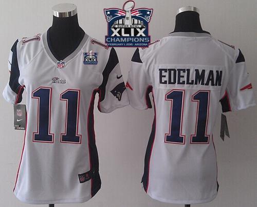 Nike Patriots 11 Edelman White 2015 Super Bowl XLIX Champions Women Game Jerseys