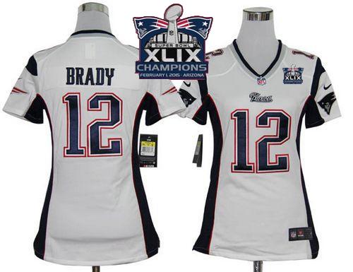 Nike Patriots 12 Brady White 2015 Super Bowl XLIX Champions Women Game Jerseys