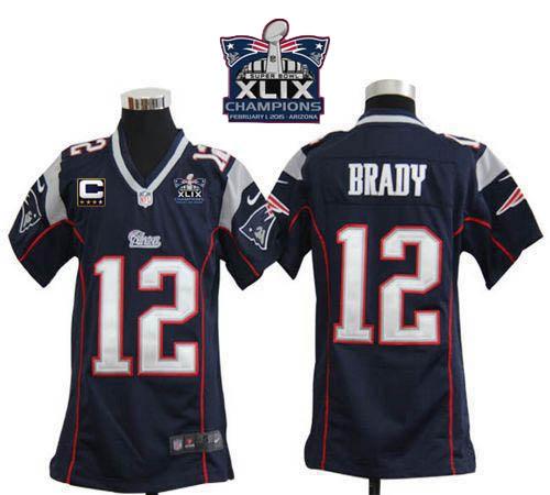 Nike Patriots 12 Brady Blue With C Patch 2015 Super Bowl XLIX Champions Youth Game Jerseys