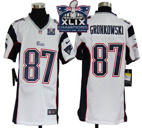 Nike Patriots 87 Gronkowski White 2015 Super Bowl XLIX Champions Youth Game Jerseys