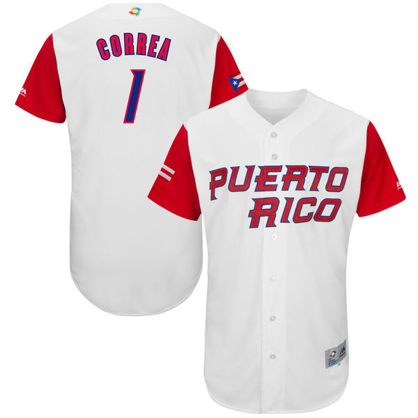 Men's Puerto Rico Baseball 1 Carlos Correa White 2017 World Baseball Classic Jersey