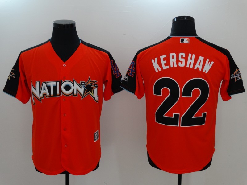 National League 22 Clayton Kershaw Orange 2017 MLB All-Star Game Home Run Derby Player Jersey