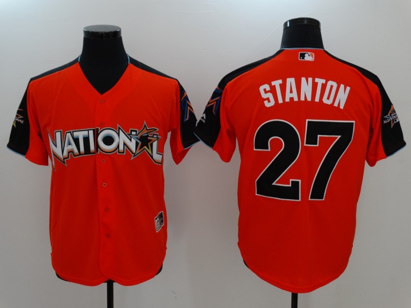 National League 27 Giancarlo Stanton Orange 2017 MLB All-Star Game Home Run Derby Player Jersey