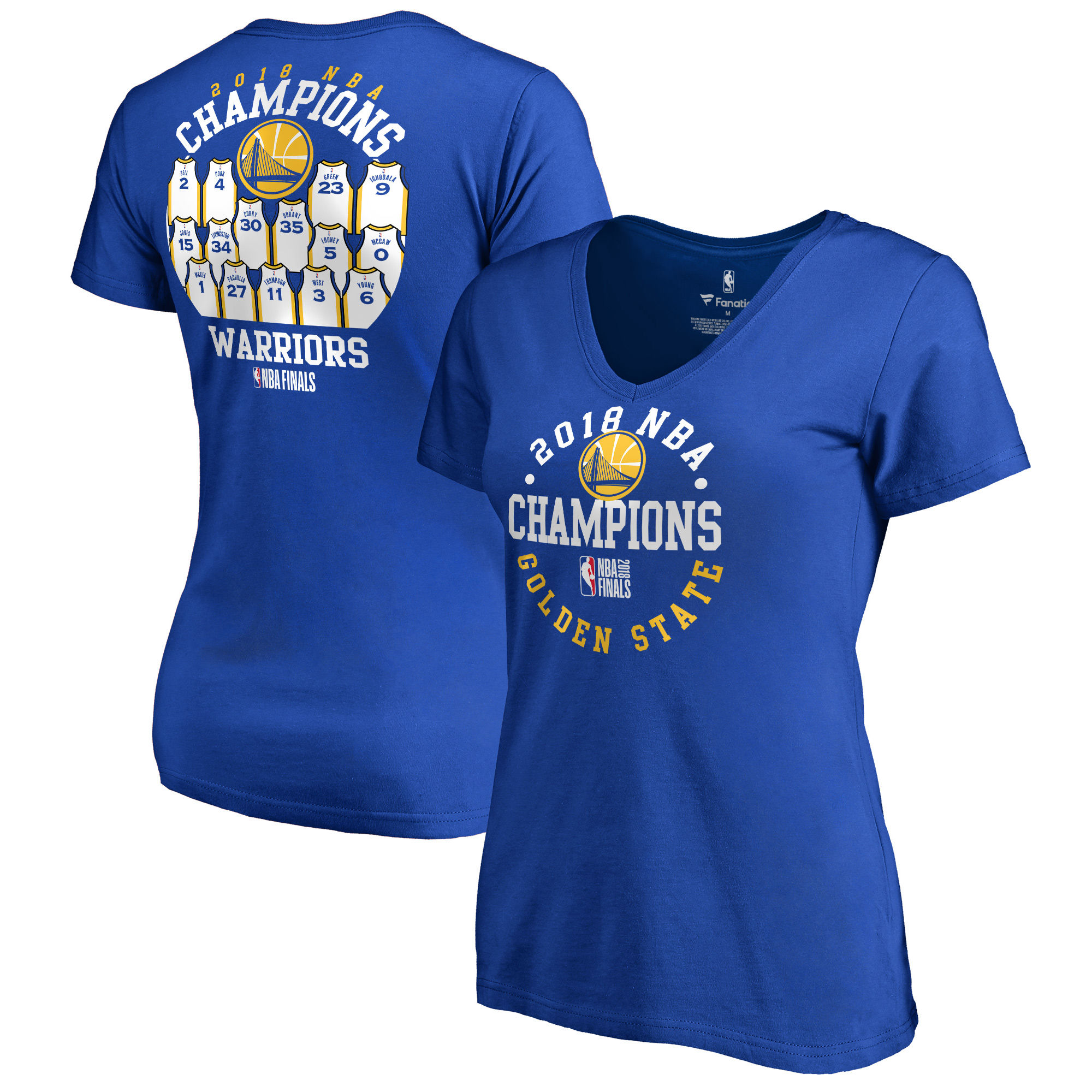 Golden State Warriors Fanatics Branded Women's 2018 NBA Finals Champions Elevate the Game Jersey Roster T-Shirt Royal