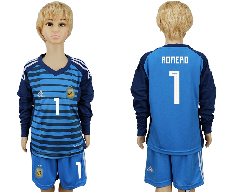 Argentina 1 ROMERO Lake Blue Goalkeeper Youth 2018 FIFA World Cup Long Sleeve Soccer Jersey