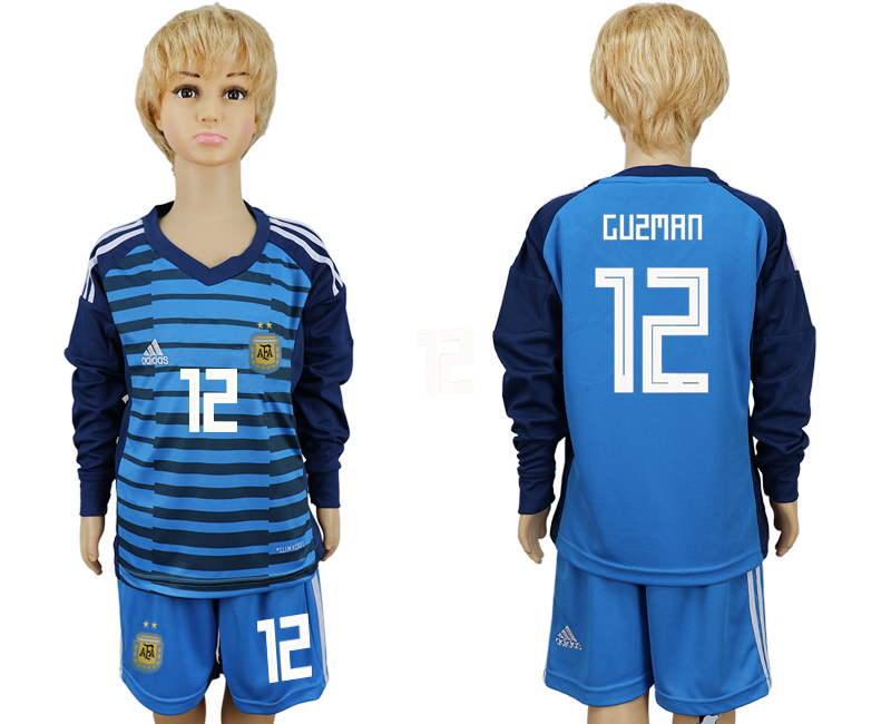 Argentina 12 GUZMAN Lake Blue Goalkeeper Youth 2018 FIFA World Cup Long Sleeve Soccer Jersey